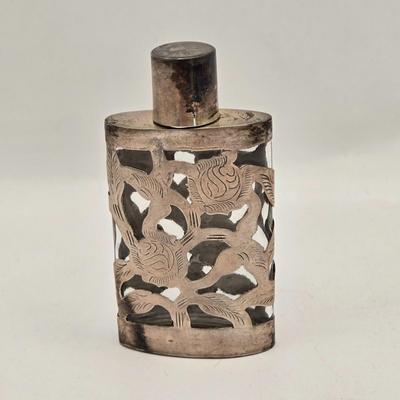 LOT 40: Antique Nuit de Noel Perfume Bottle in Box, Vintage Folding Comb, Elgin American Lipstick Compact, 2 Perfume Flasks, Pill Box,...