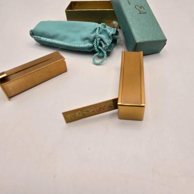 LOT 40: Antique Nuit de Noel Perfume Bottle in Box, Vintage Folding Comb, Elgin American Lipstick Compact, 2 Perfume Flasks, Pill Box,...