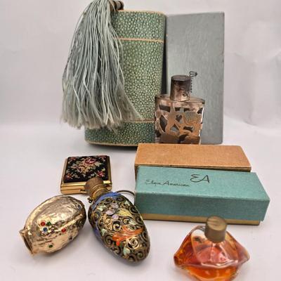 LOT 40: Antique Nuit de Noel Perfume Bottle in Box, Vintage Folding Comb, Elgin American Lipstick Compact, 2 Perfume Flasks, Pill Box,...