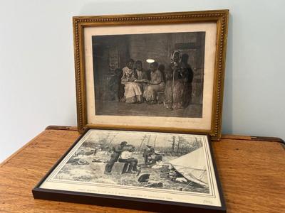 LOT 144: Two Framed Vintage Prints - Sunday Morning in Old Virginia and Sunday Morning in Camp of U. S. Regulars