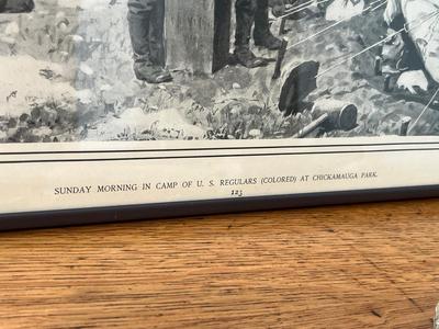 LOT 144: Two Framed Vintage Prints - Sunday Morning in Old Virginia and Sunday Morning in Camp of U. S. Regulars