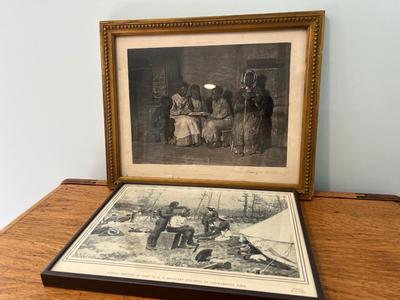 LOT 144: Two Framed Vintage Prints - Sunday Morning in Old Virginia and Sunday Morning in Camp of U. S. Regulars