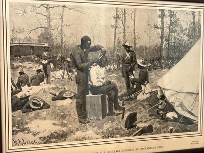 LOT 144: Two Framed Vintage Prints - Sunday Morning in Old Virginia and Sunday Morning in Camp of U. S. Regulars