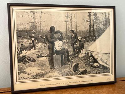 LOT 144: Two Framed Vintage Prints - Sunday Morning in Old Virginia and Sunday Morning in Camp of U. S. Regulars
