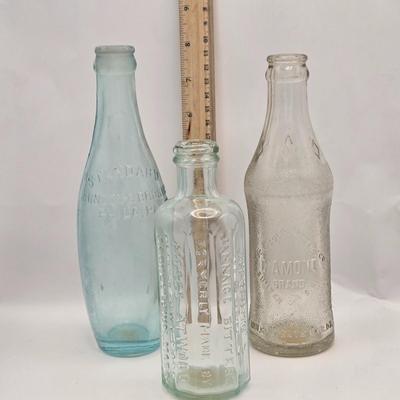 LOT 161: Multiple Vintage/Antique Glass Bottles Including Blue Tenpin Soda, Hires Root Beer, Flavoring Extracts, and More
