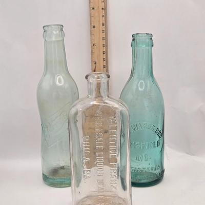 LOT 161: Multiple Vintage/Antique Glass Bottles Including Blue Tenpin Soda, Hires Root Beer, Flavoring Extracts, and More