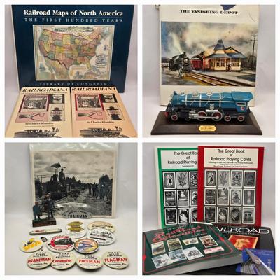 LOT 163: Railroad Maps of N. America Book, & Other Railroad Books, Lionel Blue Comet Train, Multiple Railroad Pins, B&O Railroad...