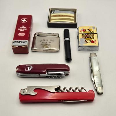 LOT 171: Five Vintage Lighters, 2 Swiss Army Knives, Mother of Pearl Pocket Knife, and Promotional Cork Screw/Knife