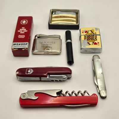 LOT 171: Five Vintage Lighters, 2 Swiss Army Knives, Mother of Pearl Pocket Knife, and Promotional Cork Screw/Knife