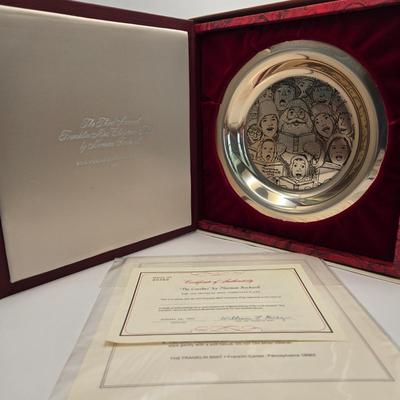 LOT 173: 1972 Franklin Mint "The Carolers" by Norman Rockwell Sterling Silver Christmas Plate w/ COA (216.7 Grams)