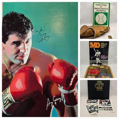 LOT 175: Signed Gerry Cooney Poster, Vintage Baseball Glove, Baseball Pendant, April 1985 MD Magazine, Baseball Trivia Game, 100th...
