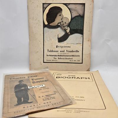 LOT 187: Antique 1906 Program from the Bellevue Stratford, The Biograph September 5, 1914 Volume 1 Number 1 and Charlie Chaplin Funny...