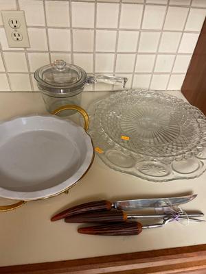 Crystal platters, glass Purex pot & pie server