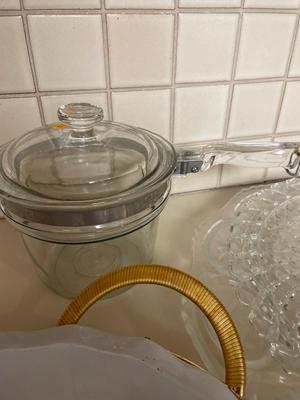 Crystal platters, glass Purex pot & pie server