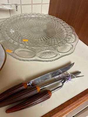 Crystal platters, glass Purex pot & pie server