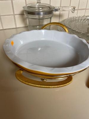 Crystal platters, glass Purex pot & pie server