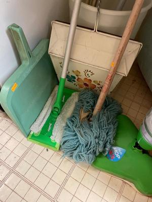 Vintage dust, pans, mops, ironing board, and mop