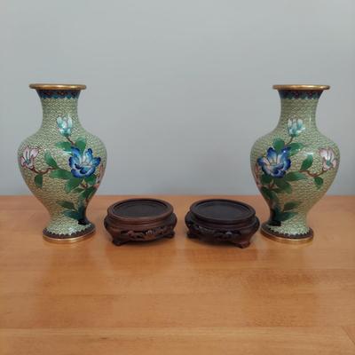 Green Cloisonne Vases w/ Wood Stands (GB-BBL)