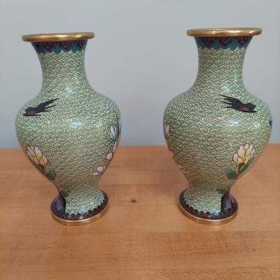 Green Cloisonne Vases w/ Wood Stands (GB-BBL)