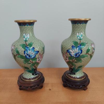Green Cloisonne Vases w/ Wood Stands (GB-BBL)