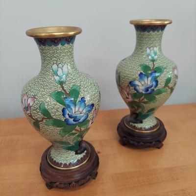 Green Cloisonne Vases w/ Wood Stands (GB-BBL)