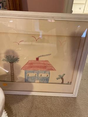 Vanity chair, mirror, child’s picture and milk, glass lamp