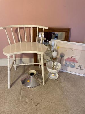 Vanity chair, mirror, child’s picture and milk, glass lamp