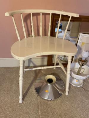 Vanity chair, mirror, child’s picture and milk, glass lamp