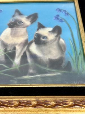 Framed Art: 2 Siamese Cats with Iris Flowers