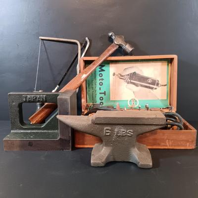 LOT 275: Right Angle Iron (4"x5"x3-3/4"), 6lbs Anvil, Vintage Dremel Moto-Tool & More