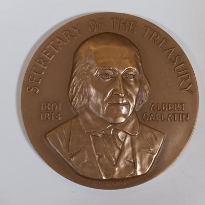 LOT 281: Set of (6) Metal Medallions- Alexander Hamilton, Ogden Mills, Albert Gallatin & More