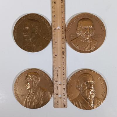 LOT 281: Set of (6) Metal Medallions- Alexander Hamilton, Ogden Mills, Albert Gallatin & More
