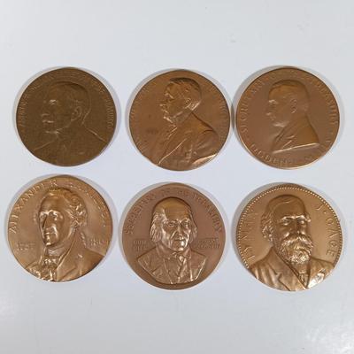 LOT 281: Set of (6) Metal Medallions- Alexander Hamilton, Ogden Mills, Albert Gallatin & More