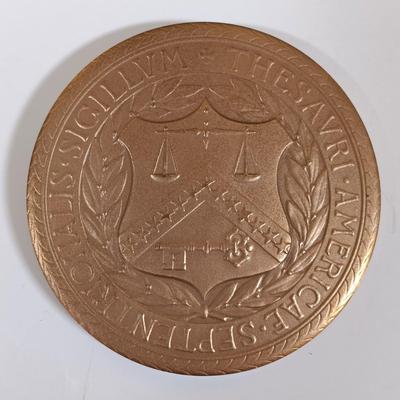 LOT 281: Set of (6) Metal Medallions- Alexander Hamilton, Ogden Mills, Albert Gallatin & More