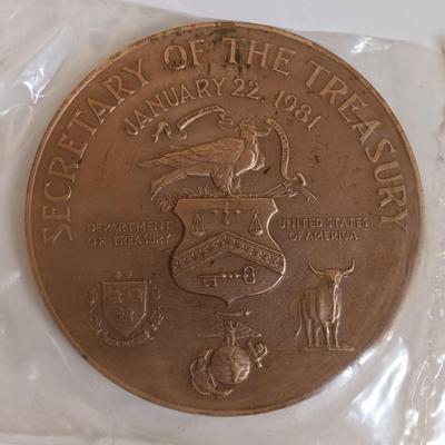 LOT 284: Set of (6) Metal Medallions- Carter Glass, James A. Baker III, George Washington & More