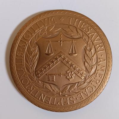 LOT 284: Set of (6) Metal Medallions- Carter Glass, James A. Baker III, George Washington & More