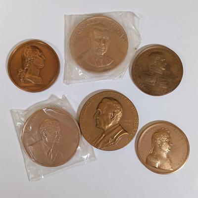 LOT 284: Set of (6) Metal Medallions- Carter Glass, James A. Baker III, George Washington & More
