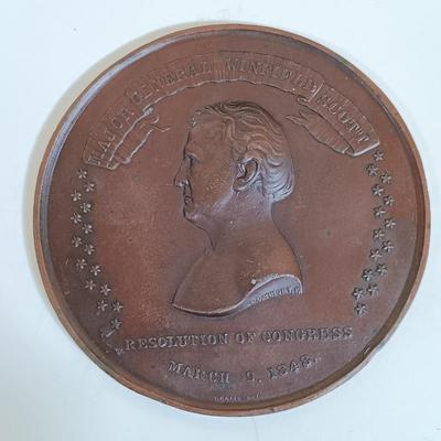 LOT 286: Set of (6) Metal Medallions- George Washington, Winfield Scott, James Miller & More