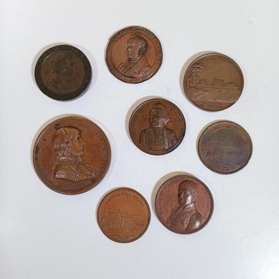 LOT 287: Set of (8) Metal Medallions- Arrival of the English Army in Egypt, Boston, Mass. Evacuation Day & More