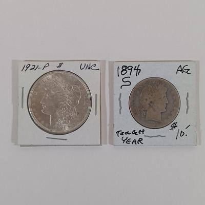 LOT: 326: Morgan Silver Dollar 1921 & Barber Half-Dollar 1894