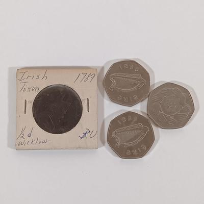 LOT 332: Associated Irish Mine Company 1789 Half Penny with (3) Vintage 50 Pence Pieces