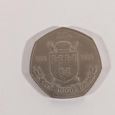 LOT 332: Associated Irish Mine Company 1789 Half Penny with (3) Vintage 50 Pence Pieces