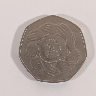 LOT 332: Associated Irish Mine Company 1789 Half Penny with (3) Vintage 50 Pence Pieces