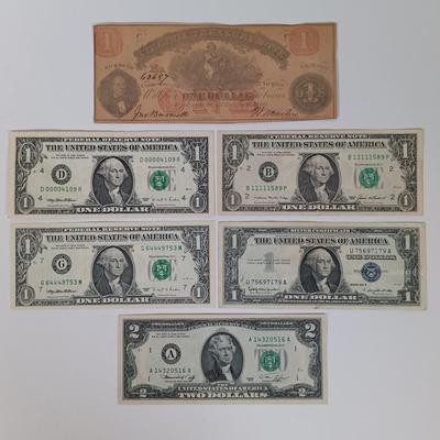 LOT 340: 1862 Richmond, Virginia Confederate Note with $2 Bill silver certificate + more L@@K at repeating serial numbers !