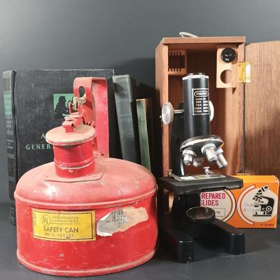 LOT 349: Vintage Perfect Model 805 Microscope w/ Sears Sea Life Slide Set, Underwriters Lab. Safety Can & Books