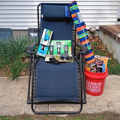 LOT 411: Sunbrella Reclining Chair w/ New/Old Stock Items
