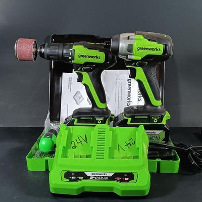 LOT 412: Greenworks 1/2" Brushless Drill Driver, 1/4" Brushless Impact Drill, 24V Batteries and Charger & Drill Bits Set