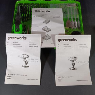 LOT 412: Greenworks 1/2" Brushless Drill Driver, 1/4" Brushless Impact Drill, 24V Batteries and Charger & Drill Bits Set