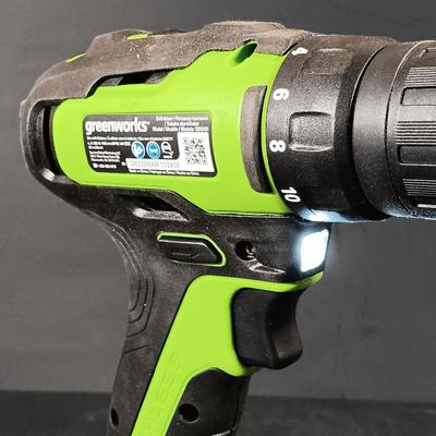 LOT 412: Greenworks 1/2" Brushless Drill Driver, 1/4" Brushless Impact Drill, 24V Batteries and Charger & Drill Bits Set
