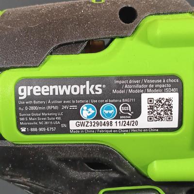 LOT 412: Greenworks 1/2" Brushless Drill Driver, 1/4" Brushless Impact Drill, 24V Batteries and Charger & Drill Bits Set